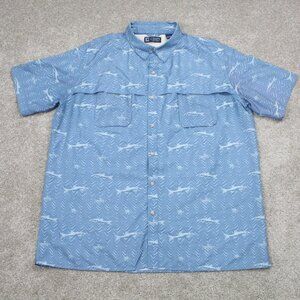 Chaps AOP Shirt Mens XL Blue Quick Dry All Over Shark Print S/S Snap Collar